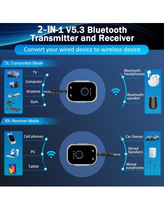 Bluetooth Transmitter Receiver for TV, 2-in-1 Bluetooth 5.3 Adapter for Airplane, Gym Equipment, Cars, for up to Two Wireless Headphones, Cell Phones.