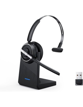 Bluetooth Headset, Wireless Headset with Microphone for PC, V5.2 Computer Headset with Noise Cancelling Mic, USB Dongle, Charging Base & Mute Button for Work, Cell Phones, Computer