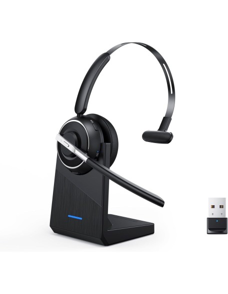 Bluetooth Headset, Wireless Headset with Microphone for PC, V5.2 Computer Headset with Noise Cancelling Mic, USB Dongle, Charging Base & Mute Button for Work, Cell Phones, Computer