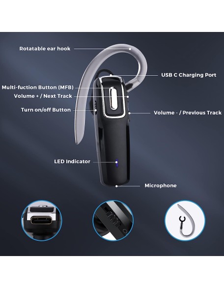 Wireless Headset, V5.0 Wireless Handsfree Earpiece with Microphone 14 Hrs Driving Headset 360 Hours Standby Time for iPhone Android Samsung Laptop Trucker Driver