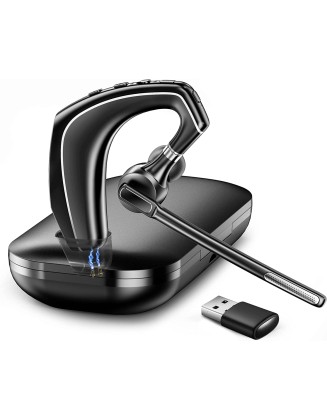 Bluetooth Headset V5.1, Wireless Headset for Computer with 500mAh Charging Case, Bluetooth Earpiece with Noise Canceling Mic for Driving and Office. (USB-A Bluetooth Adapter Included)