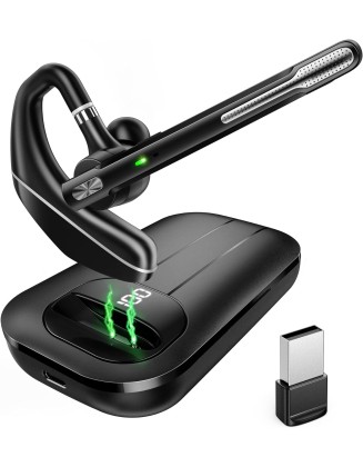 Bluetooth Headset V5.3, Wireless Earpiece with 1000mAh Charging Case, 96H Talktime, Hands Free Noise Canceling Headphones with Dual-Mic for Computer Cell Phones Trucker Home Office Work