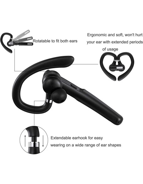 Bluetooth Headset, Wireless Earpiece with Noise Cancelling Microphone for Driving, Single Ear Headphones for Cell Phones, Computer, PC, Long Hours Talking Time for Driving, Online Meetings