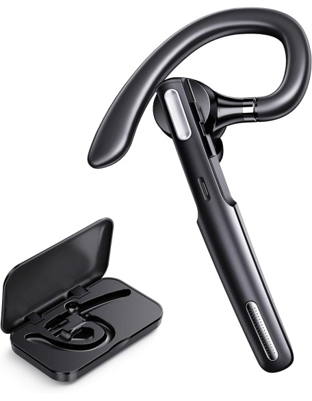 Bluetooth Headset, Wireless Earpiece with Noise Cancelling Microphone for Driving, Single Ear Headphones for Cell Phones, Computer, PC, Long Hours Talking Time for Driving, Online Meetings