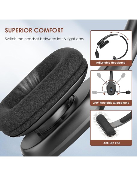 Bluetooth Headset, Trucker Bluetooth Headset with Microphone, 60 Hours Working Time Wireless on-Ear Headset for Computer Cell Phone Trucker Home Office Work