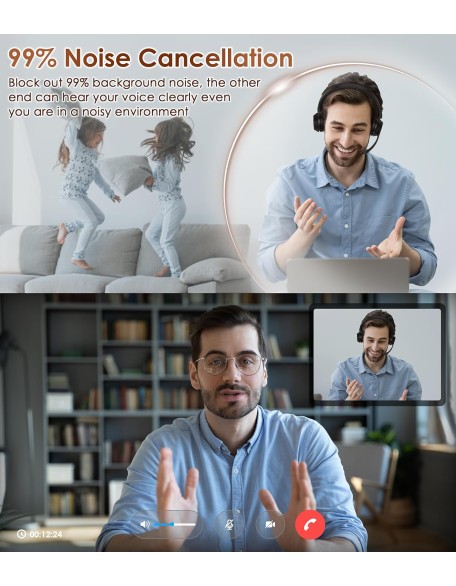 Wireless Headset, Bluetooth Headset with Noise Cancelling Microphone, Best Headset with Mic Mute & USB Dongle for PC/Computer/Laptop/Cell Phones/Remote Work/Call Center
