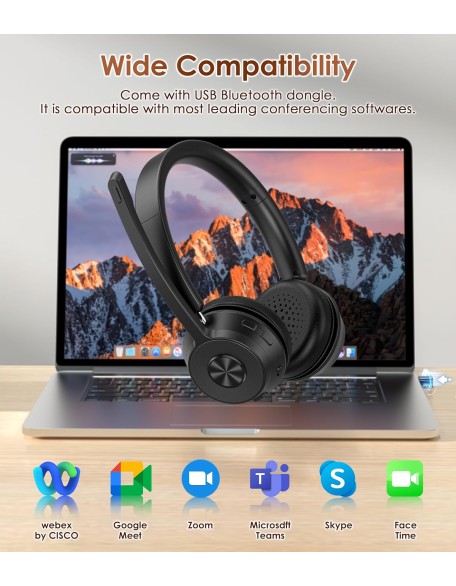 Wireless Headset, Bluetooth Headset with Noise Cancelling Microphone, Best Headset with Mic Mute & USB Dongle for PC/Computer/Laptop/Cell Phones/Remote Work/Call Center