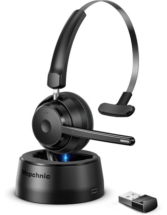 Bluetooth Headset, Wireless Headset with Upgraded Microphone AI Noise Canceling, On Ear Bluetooth Headset with USB Dongle for Office Call Center Skype Zoom Meeting Online Class Trucker