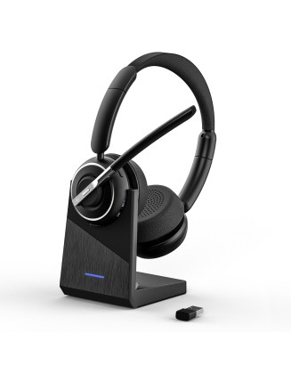 Bluetooth Headset, V5.2 Wireless Headset with AI Noise Cancellation Microphone, On Ear Headphones with Charging Base & Bluetooth Adapter, for Computer Home Office Call Center Zoom Skype