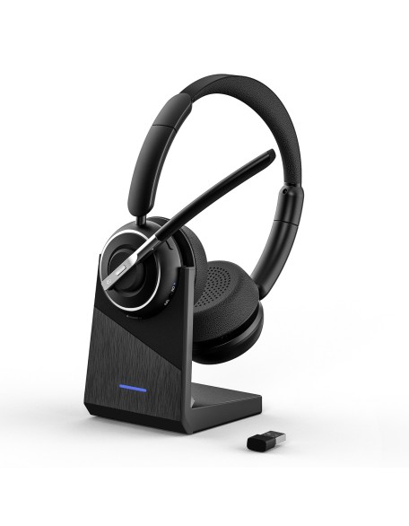 Bluetooth Headset, V5.2 Wireless Headset with AI Noise Cancellation Microphone, On Ear Headphones with Charging Base & Bluetooth Adapter, for Computer Home Office Call Center Zoom Skype