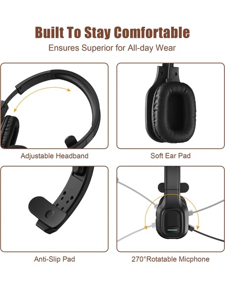Trucker Bluetooth Headset V5.0, Wireless Headphone with Noise Canceling&Mute Microphone for Cell Phones, On Ear Bluetooth Headphone with Wireless&Wired Mode for Trucker, Home Office, Skype