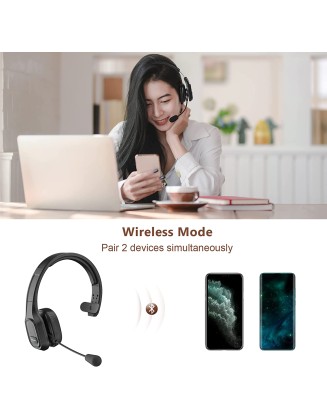 Trucker Bluetooth Headset V5.0, Wireless Headphone with Noise Canceling&Mute Microphone for Cell Phones, On Ear Bluetooth Headphone with Wireless&Wired Mode for Trucker, Home Office, Skype