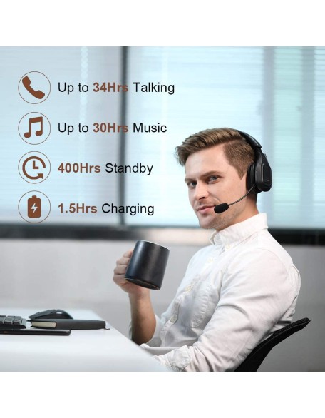 Trucker Bluetooth Headset V5.0, Wireless Headphone with Noise Canceling&Mute Microphone for Cell Phones, On Ear Bluetooth Headphone with Wireless&Wired Mode for Trucker, Home Office, Skype
