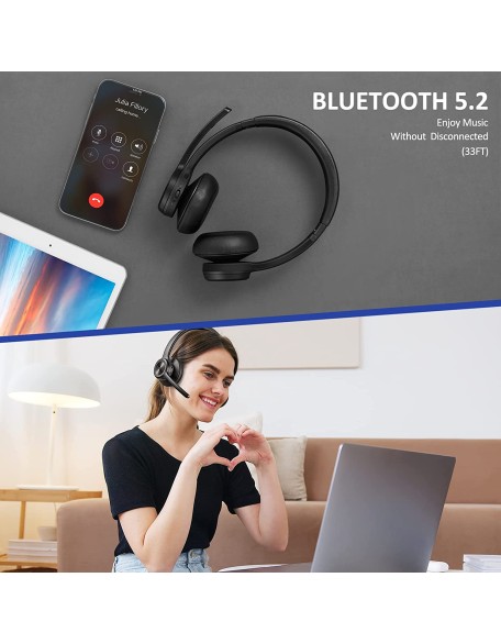 Bluetooth Headset V5.2, Wireless Headphones with Noise Cancelling Microphone, On Ear Wireless Headset for Cell Phones Laptop Computer