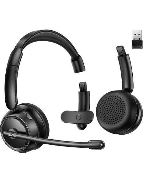 Bluetooth Headset with AI Noise Canceling Microphone, Stereo HiFi Bluetooth Headphones, Wireless Headset with USB Dongle for Computer Office Call Center Skype Zoom Meeting Trucker