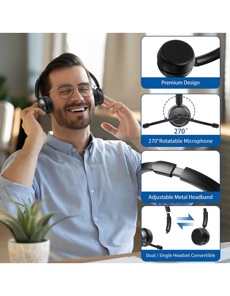 Bluetooth Headset with AI Noise Canceling Microphone, Stereo HiFi Bluetooth Headphones, Wireless Headset with USB Dongle for Computer Office Call Center Skype Zoom Meeting Trucker