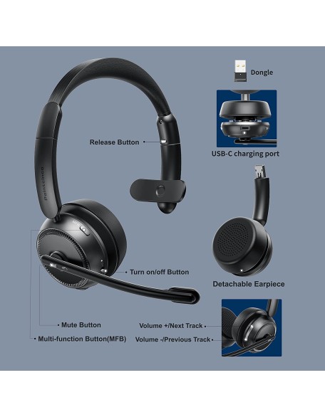 Bluetooth Headset with AI Noise Canceling Microphone, Stereo HiFi Bluetooth Headphones, Wireless Headset with USB Dongle for Computer Office Call Center Skype Zoom Meeting Trucker