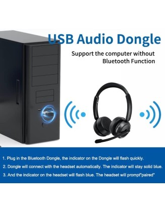 Bluetooth Headset with AI Noise Canceling Microphone, Stereo HiFi Bluetooth Headphones, Wireless Headset with USB Dongle for Computer Office Call Center Skype Zoom Meeting Trucker