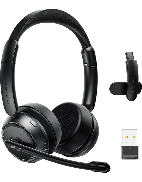 Bluetooth Headset with AI Noise Canceling Microphone, Stereo HiFi Bluetooth Headphones, Wireless Headset with USB Dongle for Computer Office Call Center Skype Zoom Meeting Trucker