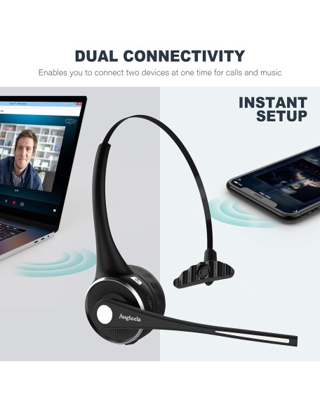 Trucker Bluetooth Angteela Headset with Microphone, Wireless Cell Phone Headset with Noise Canceling Mic Charging Base Mute Function for Home Office Call Center Skype