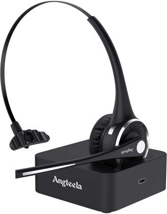 Trucker Bluetooth Angteela Headset with Microphone, Wireless Cell Phone Headset with Noise Canceling Mic Charging Base Mute Function for Home Office Call Center Skype