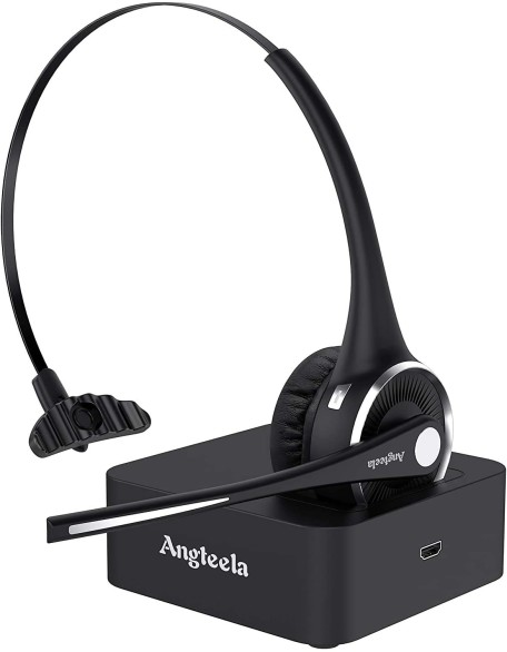 Trucker Bluetooth Angteela Headset with Microphone, Wireless Cell Phone Headset with Noise Canceling Mic Charging Base Mute Function for Home Office Call Center Skype