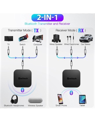 V5.0 Bluetooth Transmitter Receiver, 2-in-1 AUX, Bluetooth Adapter for TV/Car/Speaker/Home Stereo/PC, Pairs 2 Devices Simultaneously, aptX Low Latency