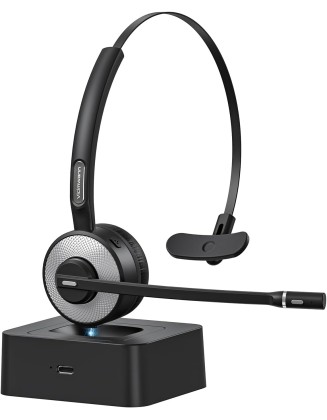 Bluetooth Headset, Wireless Headset with Mic for Work, Computer Headset with Microphone for PC, Bluetooth V5.3 Lightweight Headset with Noise Cancelling Mic, Mute Button, Multipoint, and Charging Base